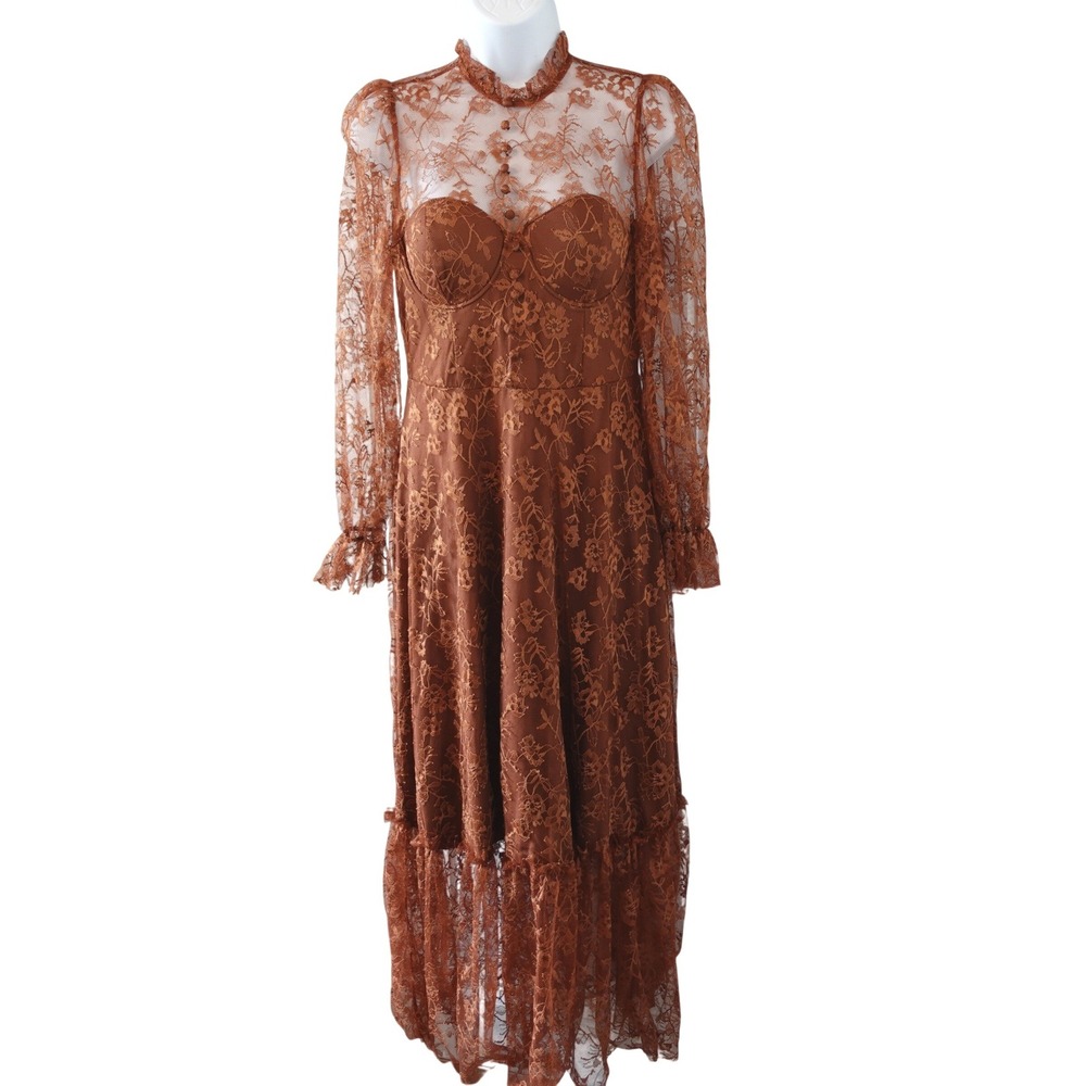Brown Lace Victorian Cottagecore Midi Dress M Bustier Floral Sheer Mesh Romantic